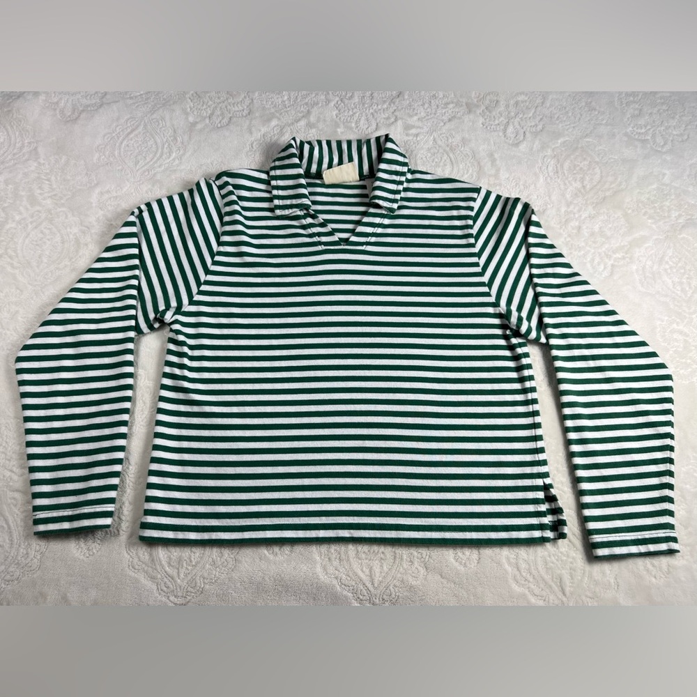 L.L. Kids by L.L. Bean Green & White Striped Polo Long Sleeve Girls Size Medium